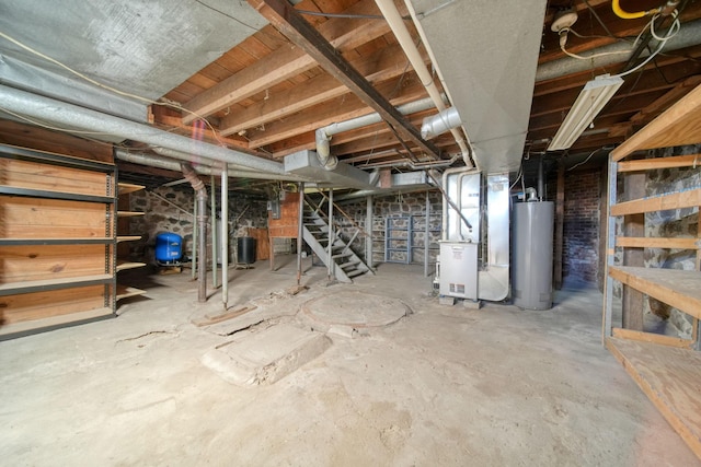 basement with heating unit and water heater