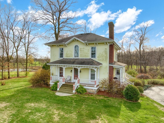 italianate-style house featuring a front lawn and a porch