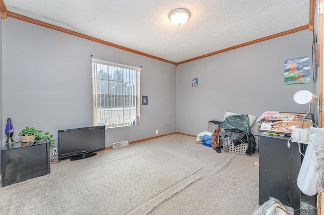 misc room featuring crown molding, carpet, and a textured ceiling