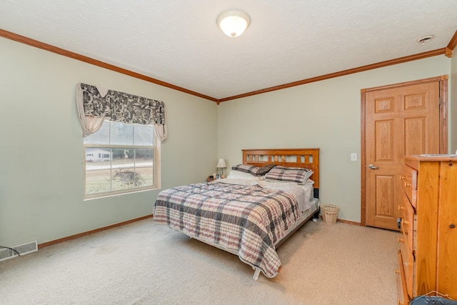 bedroom with light carpet and ornamental molding