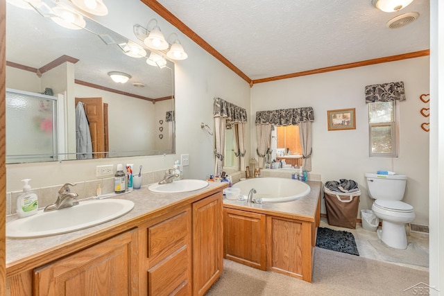 full bathroom with plus walk in shower, a textured ceiling, toilet, vanity, and ornamental molding