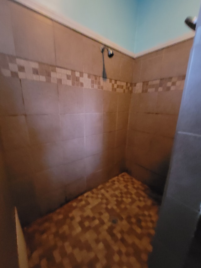 bathroom with a tile shower