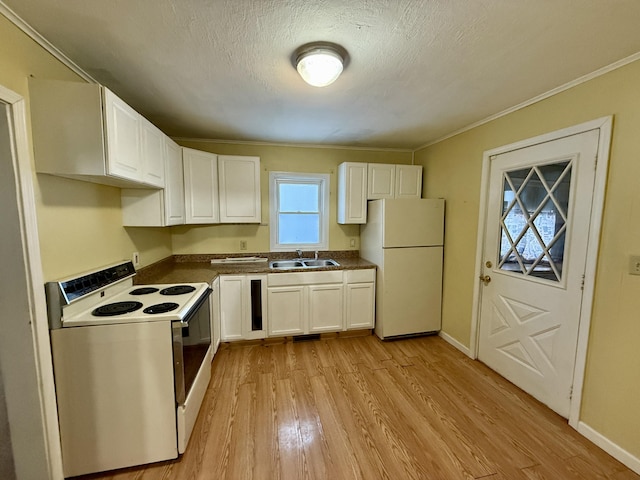 kitchen with a textured ceiling, white appliances, sink, white cabinets, and light hardwood / wood-style floors