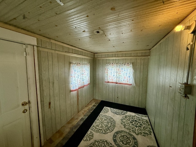 spare room featuring wooden walls and wooden ceiling