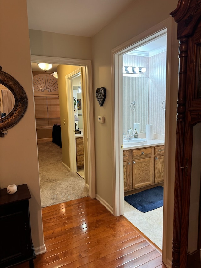 corridor with sink and light hardwood / wood-style flooring