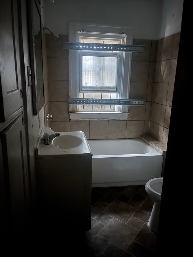 full bathroom featuring vanity,  shower combination, and toilet