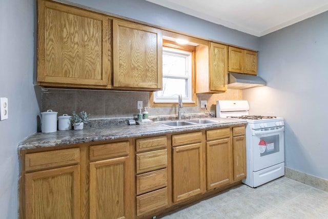 kitchen with white range with gas cooktop, sink, and tasteful backsplash