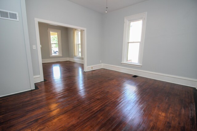 spare room featuring plenty of natural light and dark wood-type flooring