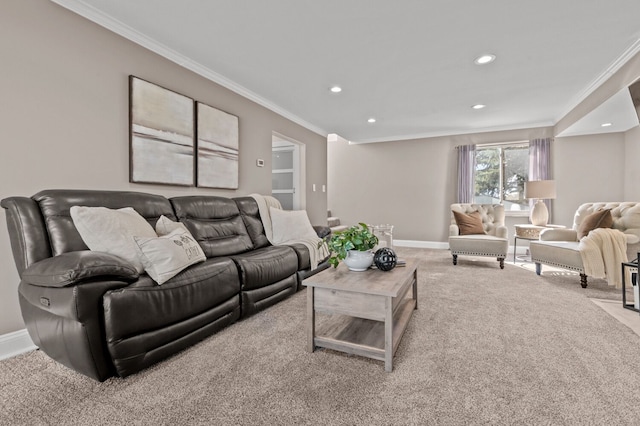 living room featuring light colored carpet and ornamental molding