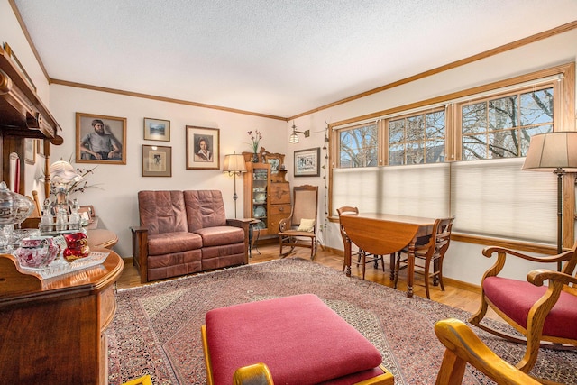 living room with wood-type flooring and ornamental molding