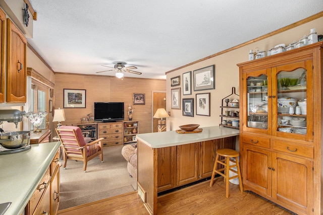 kitchen with ceiling fan, ornamental molding, a textured ceiling, light hardwood / wood-style floors, and kitchen peninsula