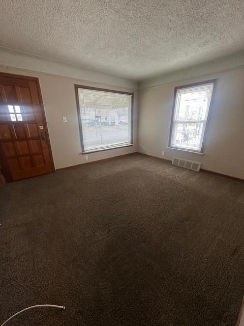 unfurnished room featuring carpet and a textured ceiling