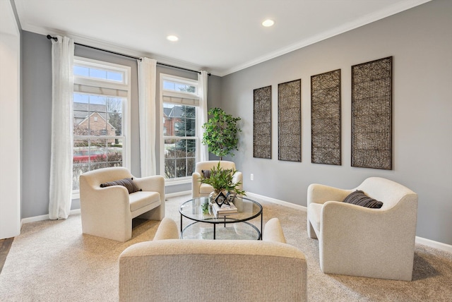 living area with carpet flooring and crown molding