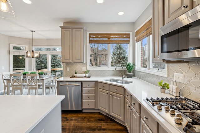 kitchen featuring sink, hanging light fixtures, dark wood-type flooring, stainless steel appliances, and an inviting chandelier