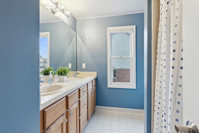 bathroom featuring a shower with curtain, vanity, and a notable chandelier