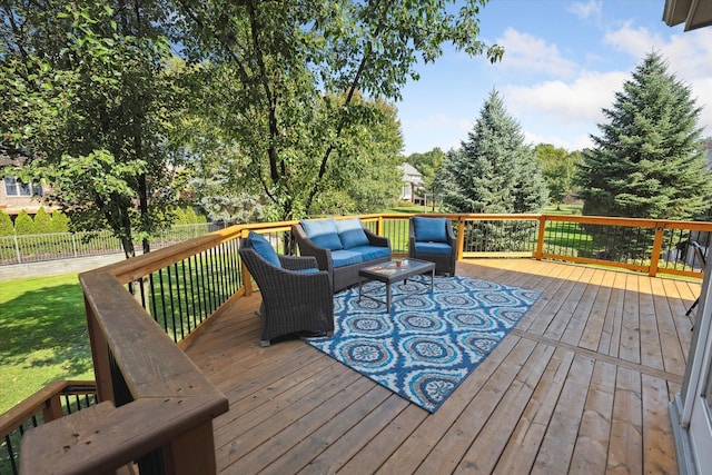 wooden terrace featuring an outdoor living space