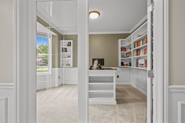 home office featuring light colored carpet and crown molding