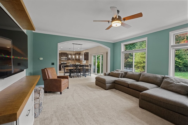 carpeted living room featuring ceiling fan and ornamental molding