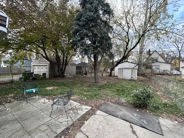 view of yard with a patio and a shed