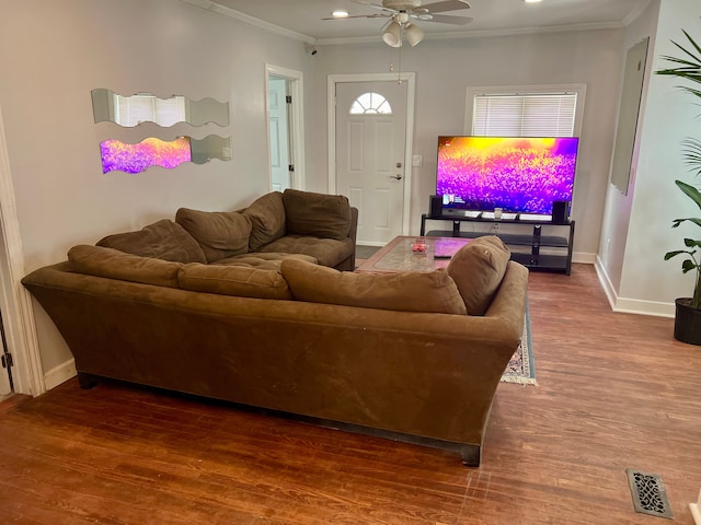 living room featuring ceiling fan, wood-type flooring, and crown molding