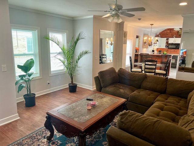 living room featuring hardwood / wood-style floors, ceiling fan with notable chandelier, and ornamental molding