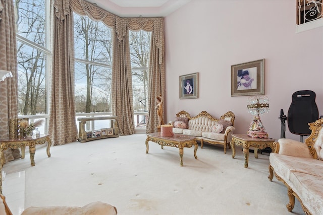 living area featuring a high ceiling and carpet flooring