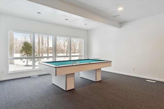 playroom featuring recessed lighting, baseboards, beam ceiling, and dark carpet