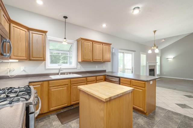 8816 Hathaway Rd, Kalamazoo, MI 49009 - kitchen featuring lofted ceiling, stainless steel appliances, a sink, wood counters, and a peninsula