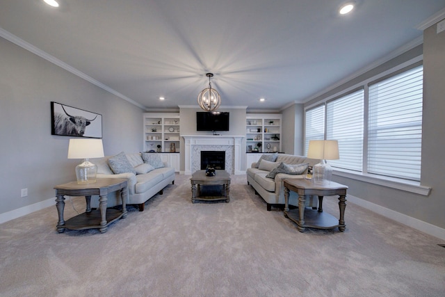 carpeted living room with a notable chandelier, built in shelves, and crown molding