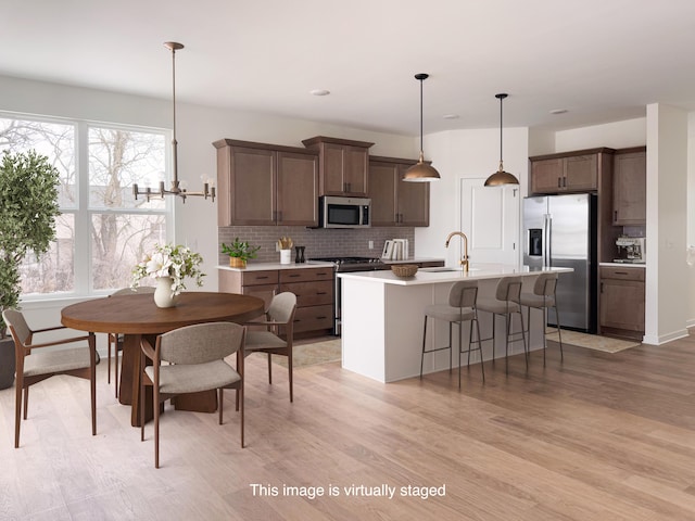 kitchen with sink, hanging light fixtures, appliances with stainless steel finishes, a kitchen island with sink, and backsplash