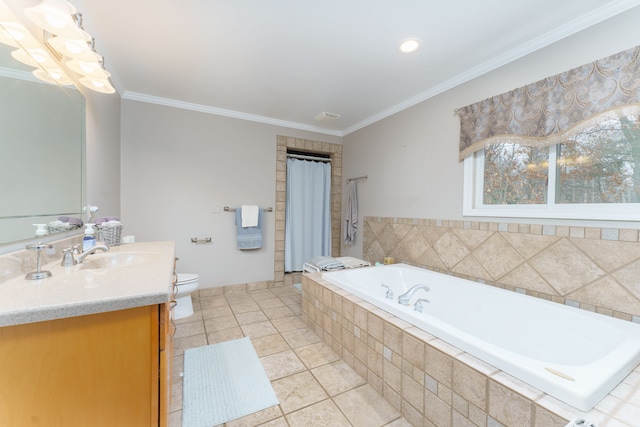 full bathroom with tile patterned floors, toilet, vanity, and ornamental molding