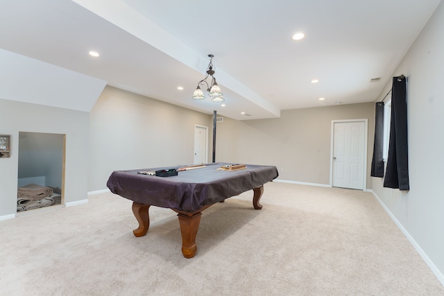 playroom with light colored carpet and pool table