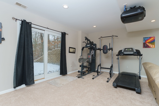 workout area featuring light carpet