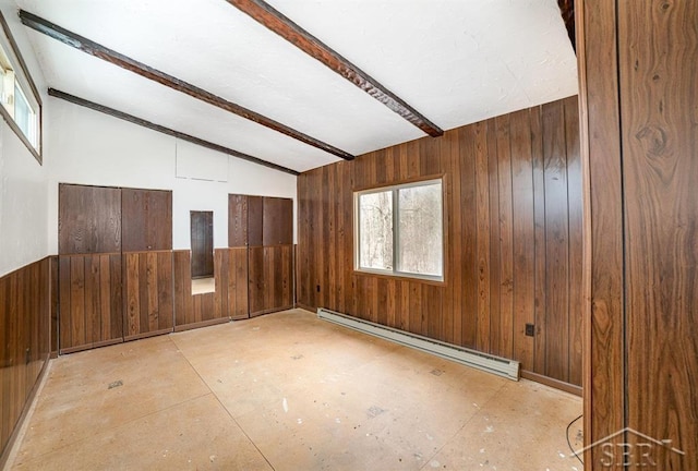 spare room with vaulted ceiling with beams, wood walls, and a baseboard radiator