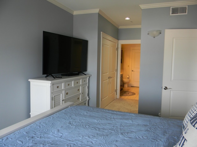 bedroom featuring light colored carpet and crown molding