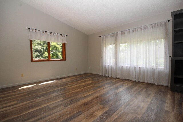 empty room with dark hardwood / wood-style flooring, vaulted ceiling, and a healthy amount of sunlight