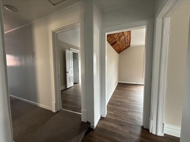 corridor with lofted ceiling, brick ceiling, and dark wood-type flooring