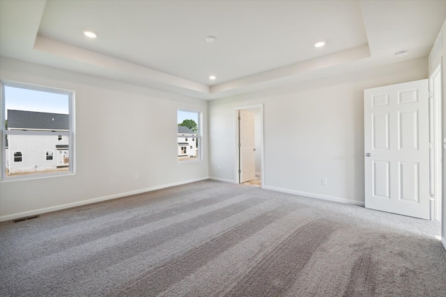 unfurnished room featuring a tray ceiling and light carpet