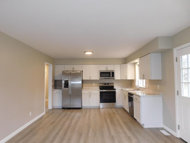 kitchen with sink, white cabinetry, stainless steel appliances, and light wood-type flooring