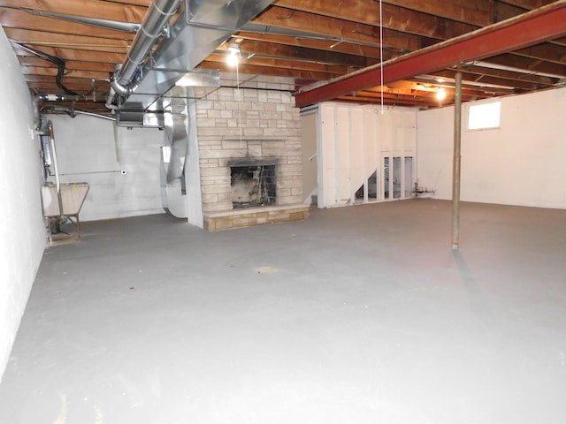 basement featuring a fireplace