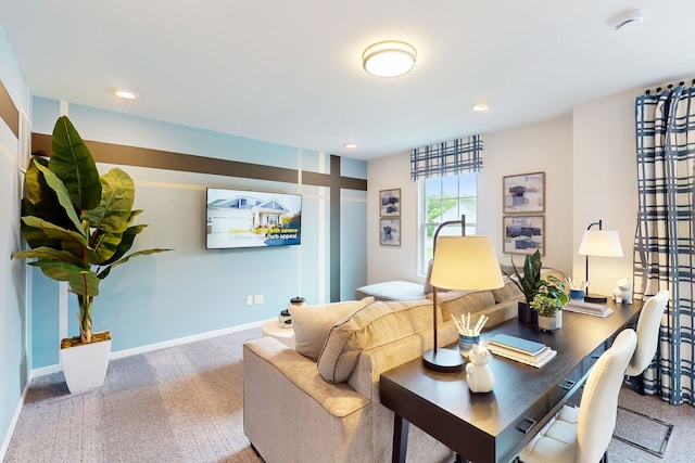 living room with recessed lighting, baseboards, and carpet