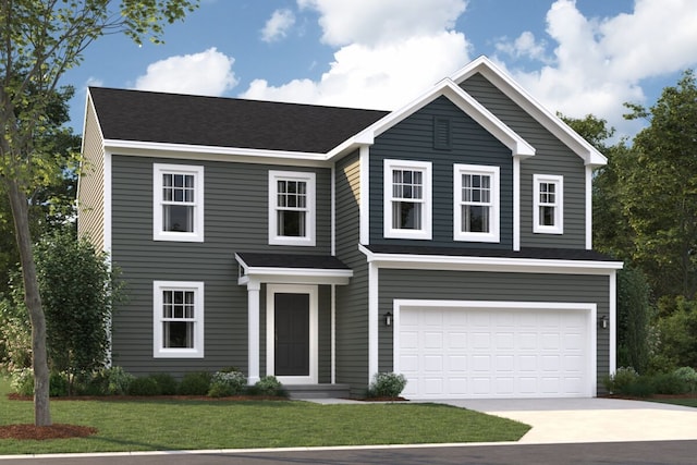 view of front facade featuring a garage, concrete driveway, and a front lawn