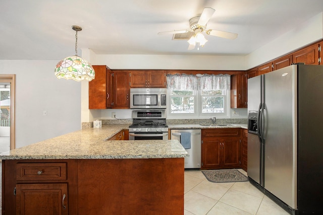 kitchen featuring pendant lighting, sink, ceiling fan, appliances with stainless steel finishes, and kitchen peninsula