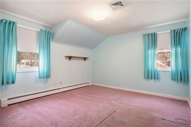 bonus room with carpet, a healthy amount of sunlight, lofted ceiling, and baseboard heating