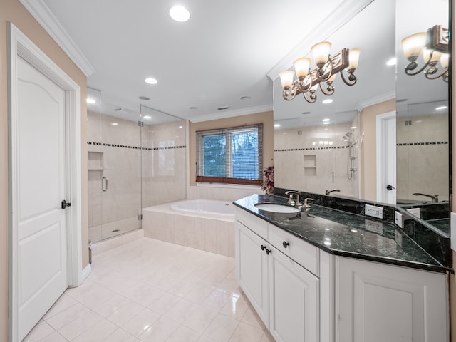 bathroom with tile patterned flooring, an inviting chandelier, independent shower and bath, and ornamental molding