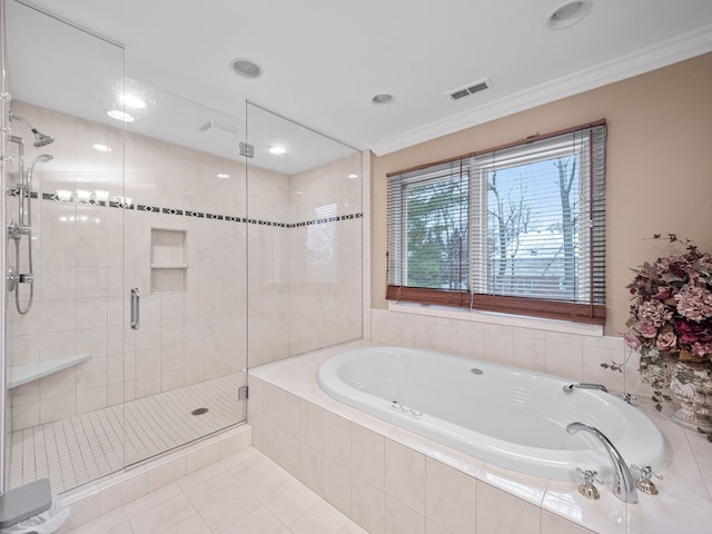 bathroom with tile patterned flooring, separate shower and tub, and ornamental molding