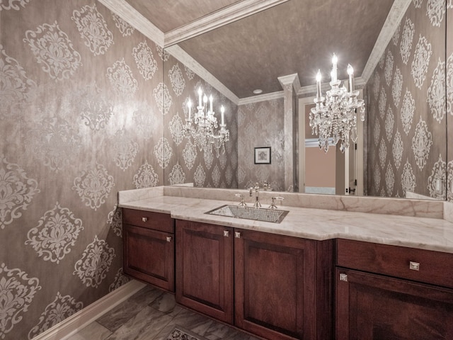 bathroom with vanity and crown molding