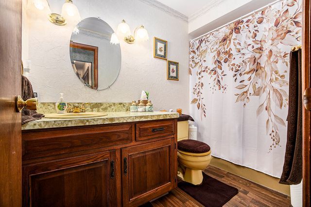 bathroom with curtained shower, hardwood / wood-style flooring, vanity, toilet, and crown molding