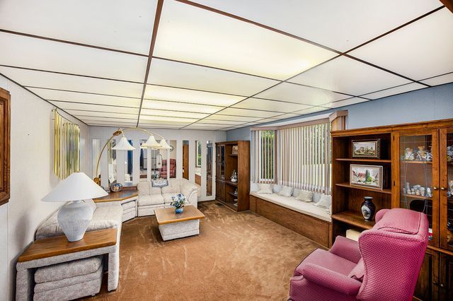 living room featuring carpet floors and a paneled ceiling