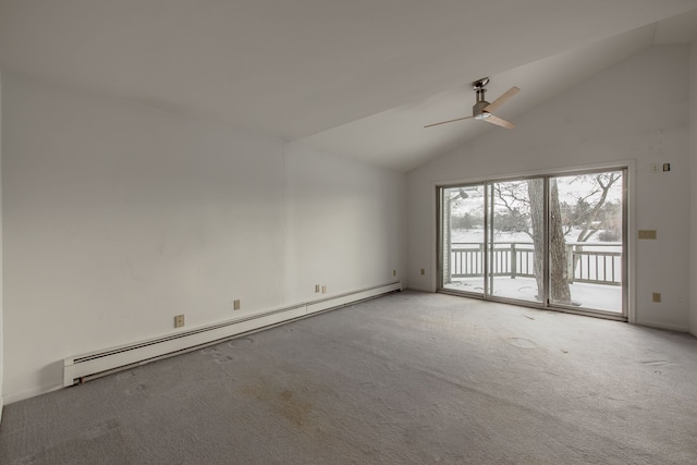 unfurnished room with ceiling fan, carpet, a baseboard radiator, and lofted ceiling